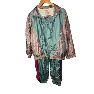 Vintage 80s tracksuit medium Sports Accent Nylon windbreaker Teal Pink Petite